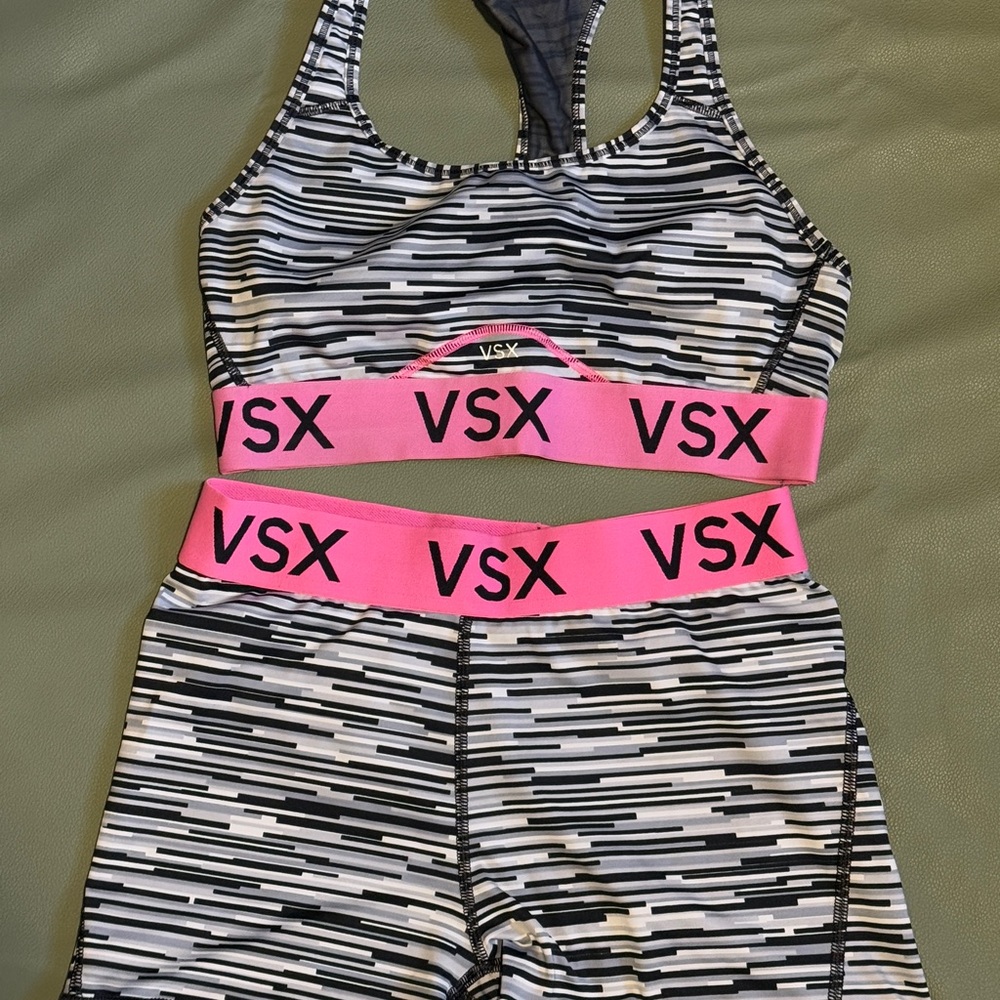VSX Black and White Striped Sports Bra and Shorts Set